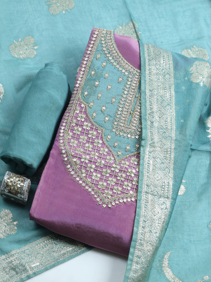 Lavender Embroidered Chanderi Unstitched Suit &amp; Pant With Banarsi Dupatta