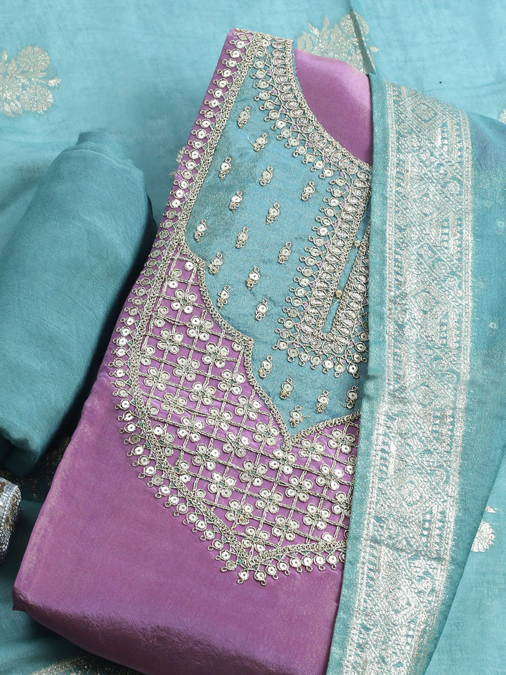Lavender Embroidered Chanderi Unstitched Suit &amp; Pant With Banarsi Dupatta