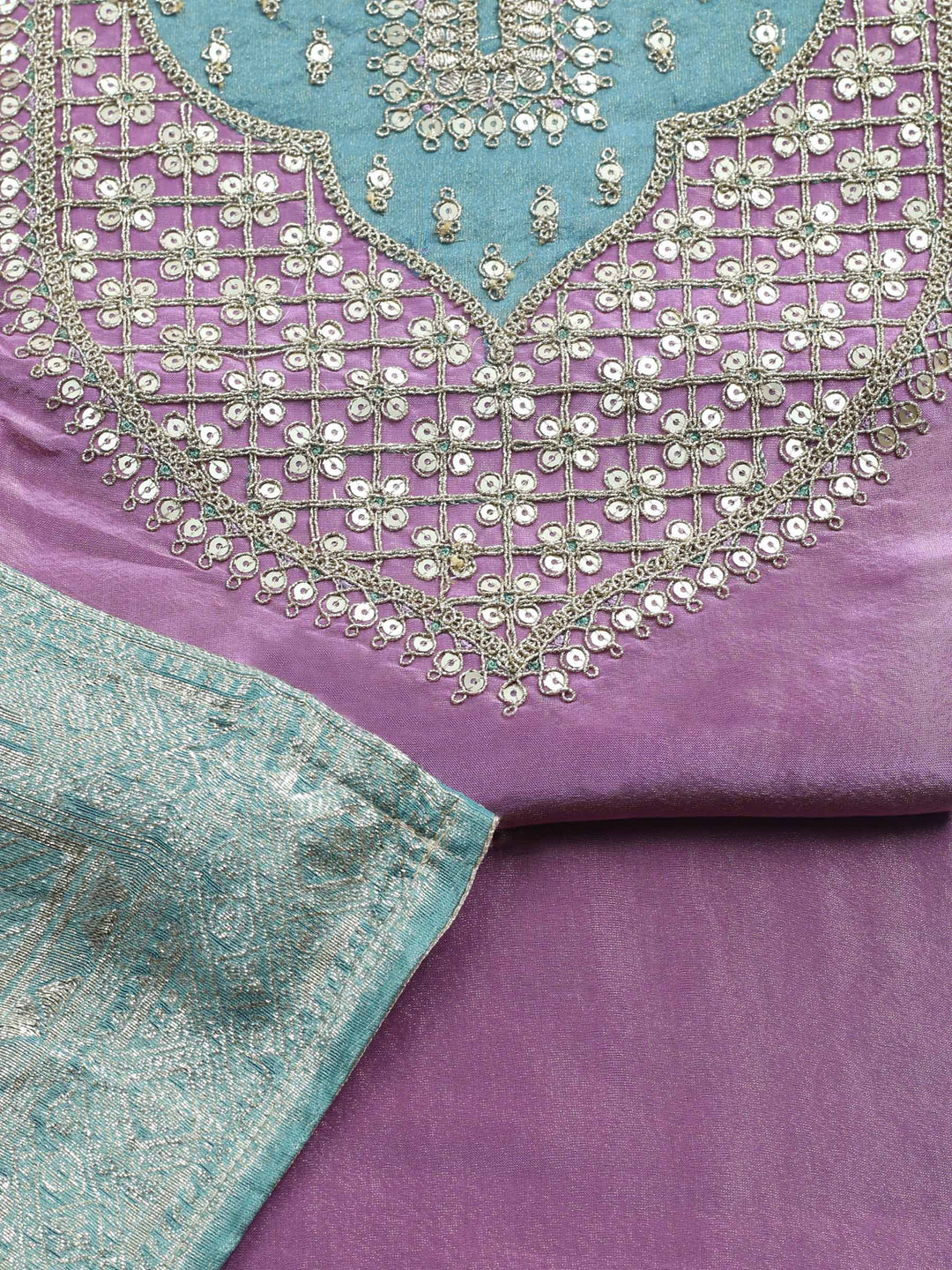 Lavender Embroidered Chanderi Unstitched Suit &amp; Pant With Banarsi Dupatta