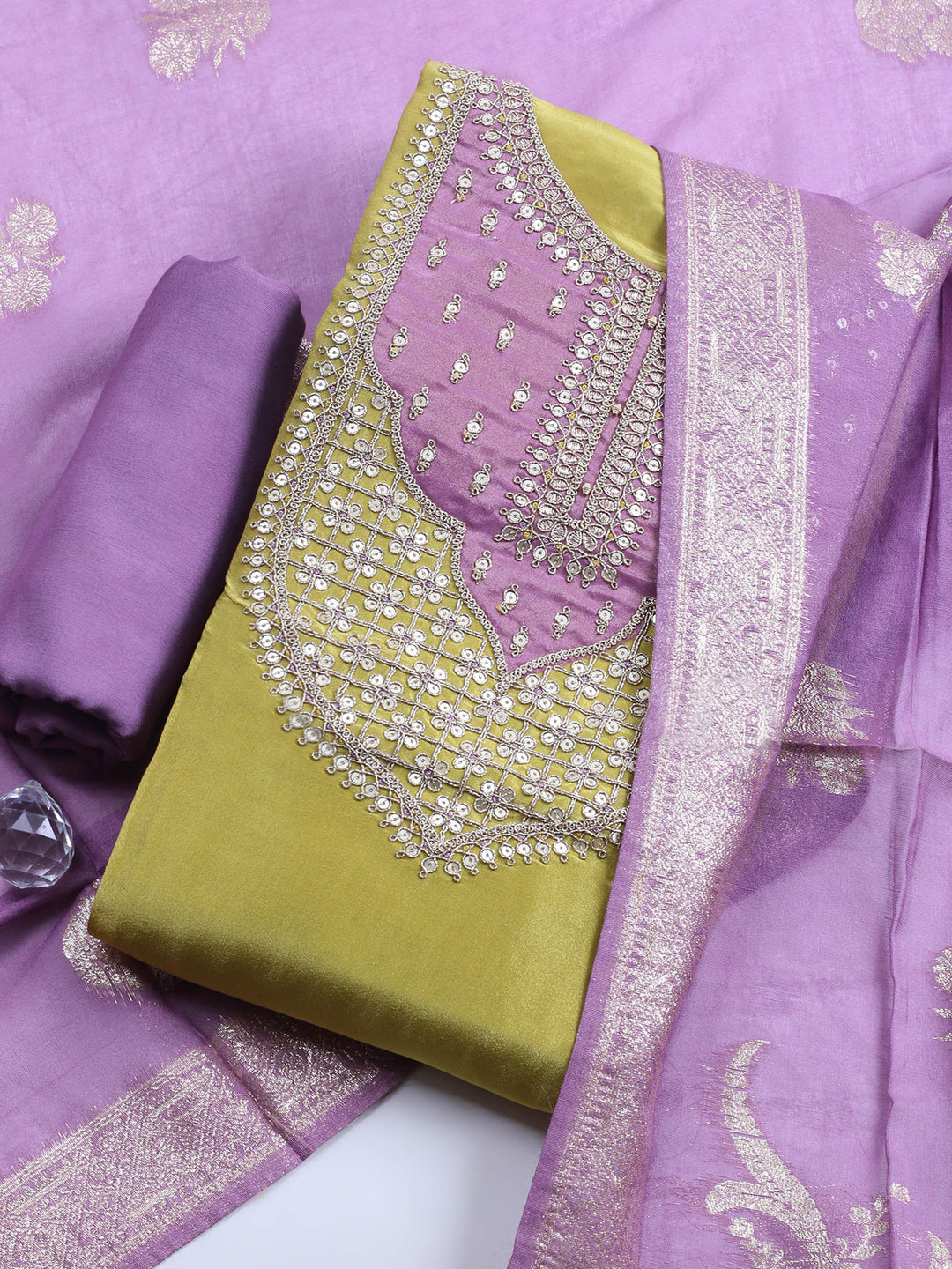 Mehndi Embroidered Chanderi Unstitched Suit &amp; Pant With Banarsi Dupatta