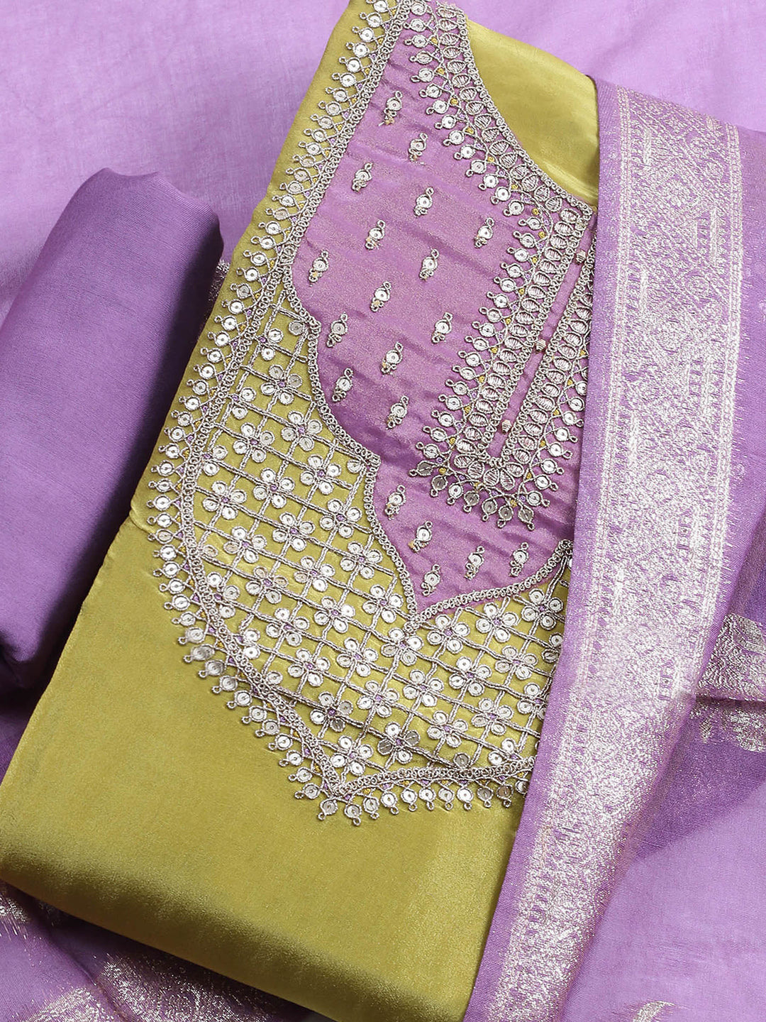 Mehndi Embroidered Chanderi Unstitched Suit &amp; Pant With Banarsi Dupatta