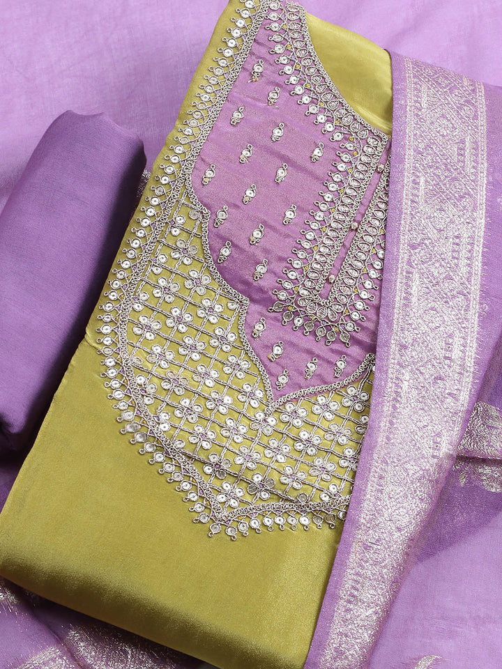 Mehndi Embroidered Chanderi Unstitched Suit &amp; Pant With Banarsi Dupatta