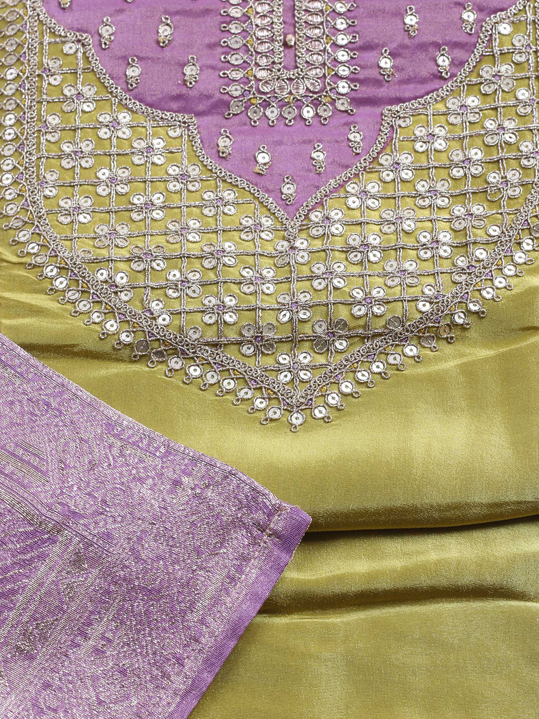 Mehndi Embroidered Chanderi Unstitched Suit &amp; Pant With Banarsi Dupatta