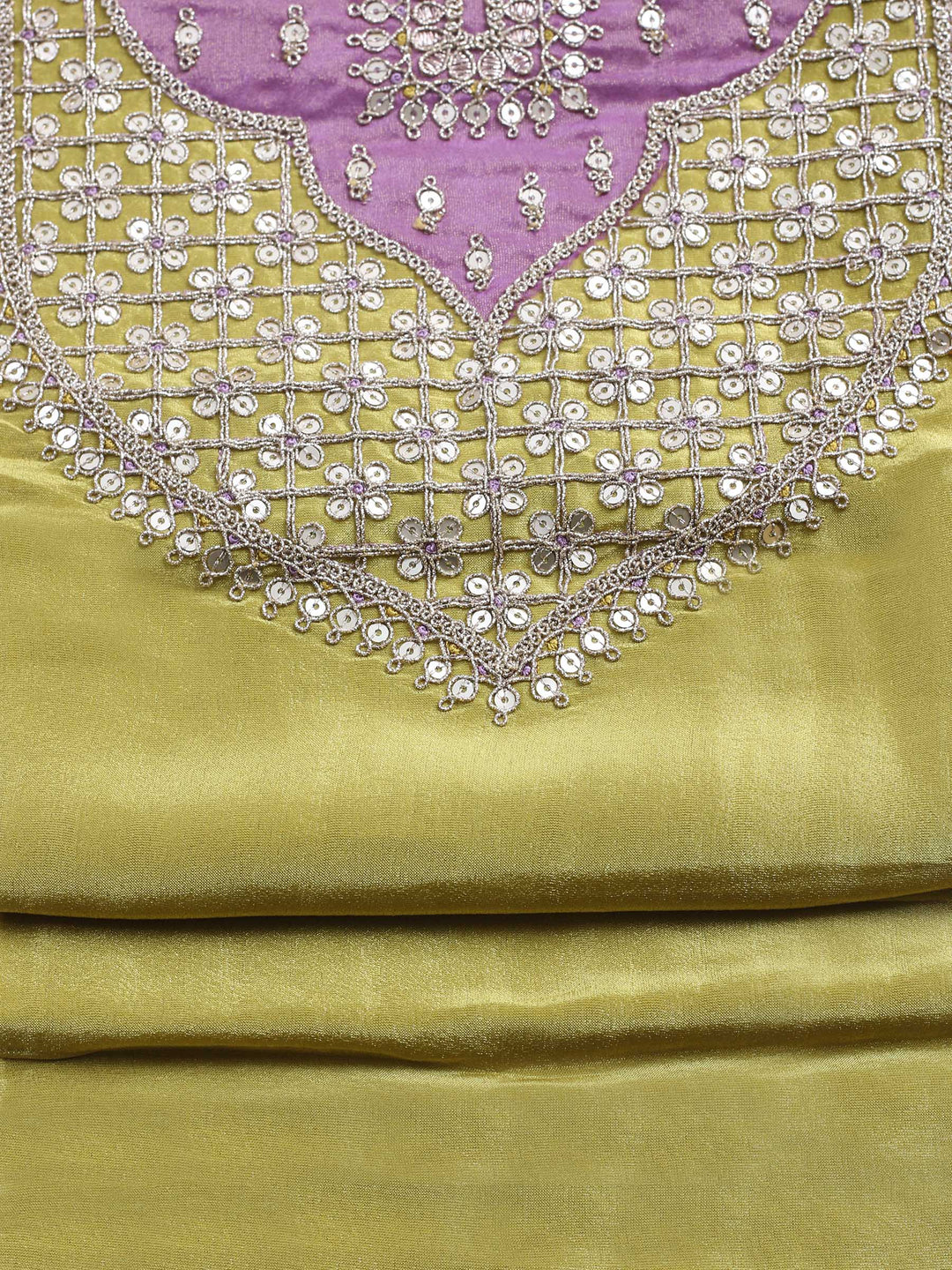 Mehndi Embroidered Chanderi Unstitched Suit &amp; Pant With Banarsi Dupatta