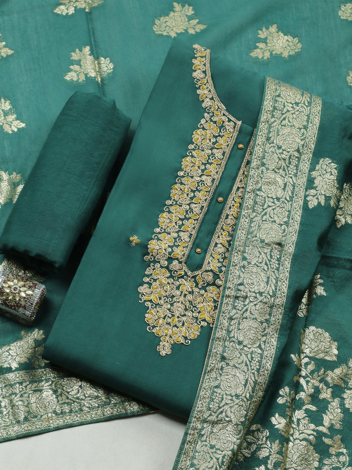Green Embroidered Cotton Blend Unstitched Suit &amp; Pant With Banarsi Dupatta