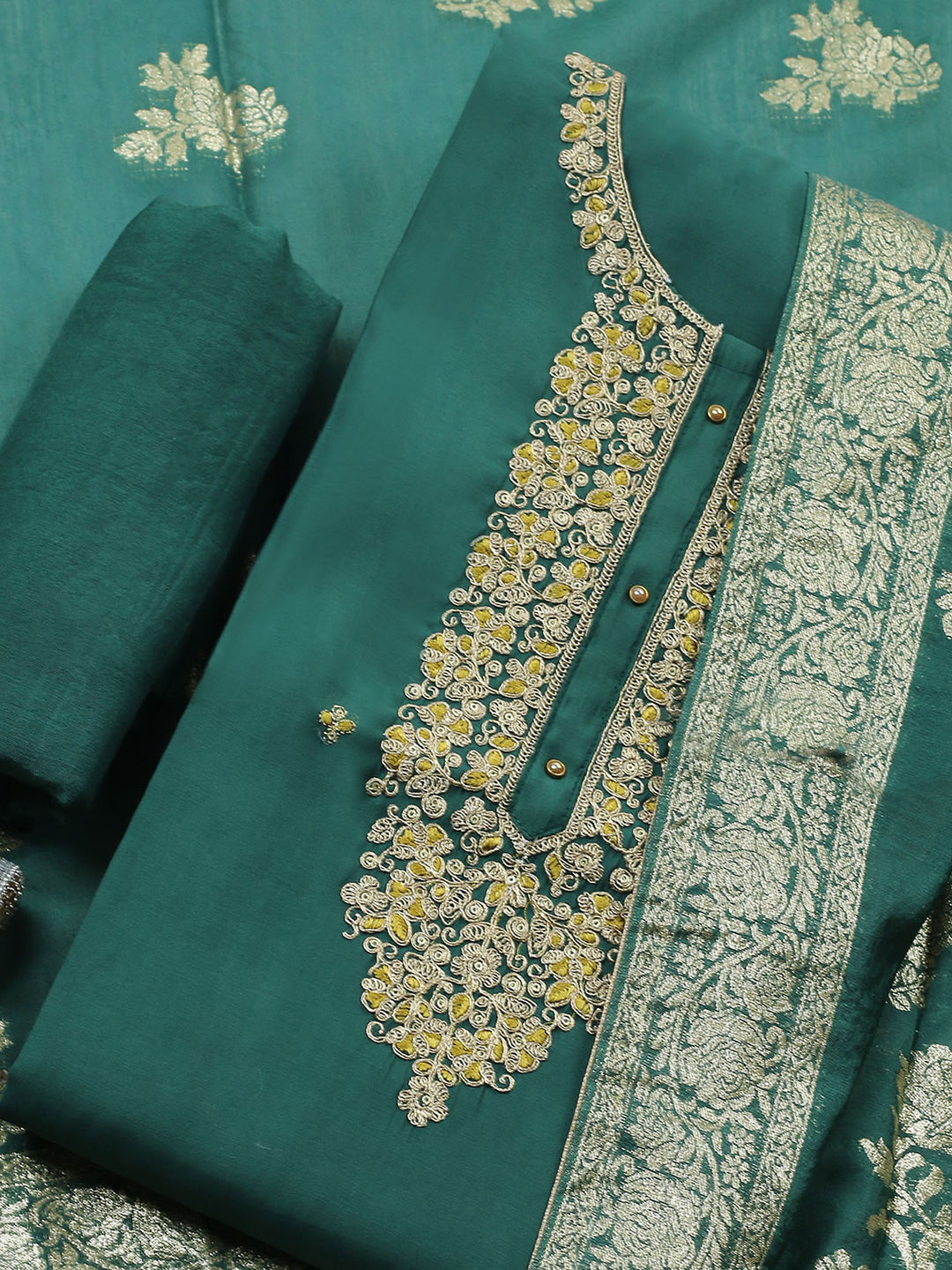 Green Embroidered Cotton Blend Unstitched Suit &amp; Pant With Banarsi Dupatta