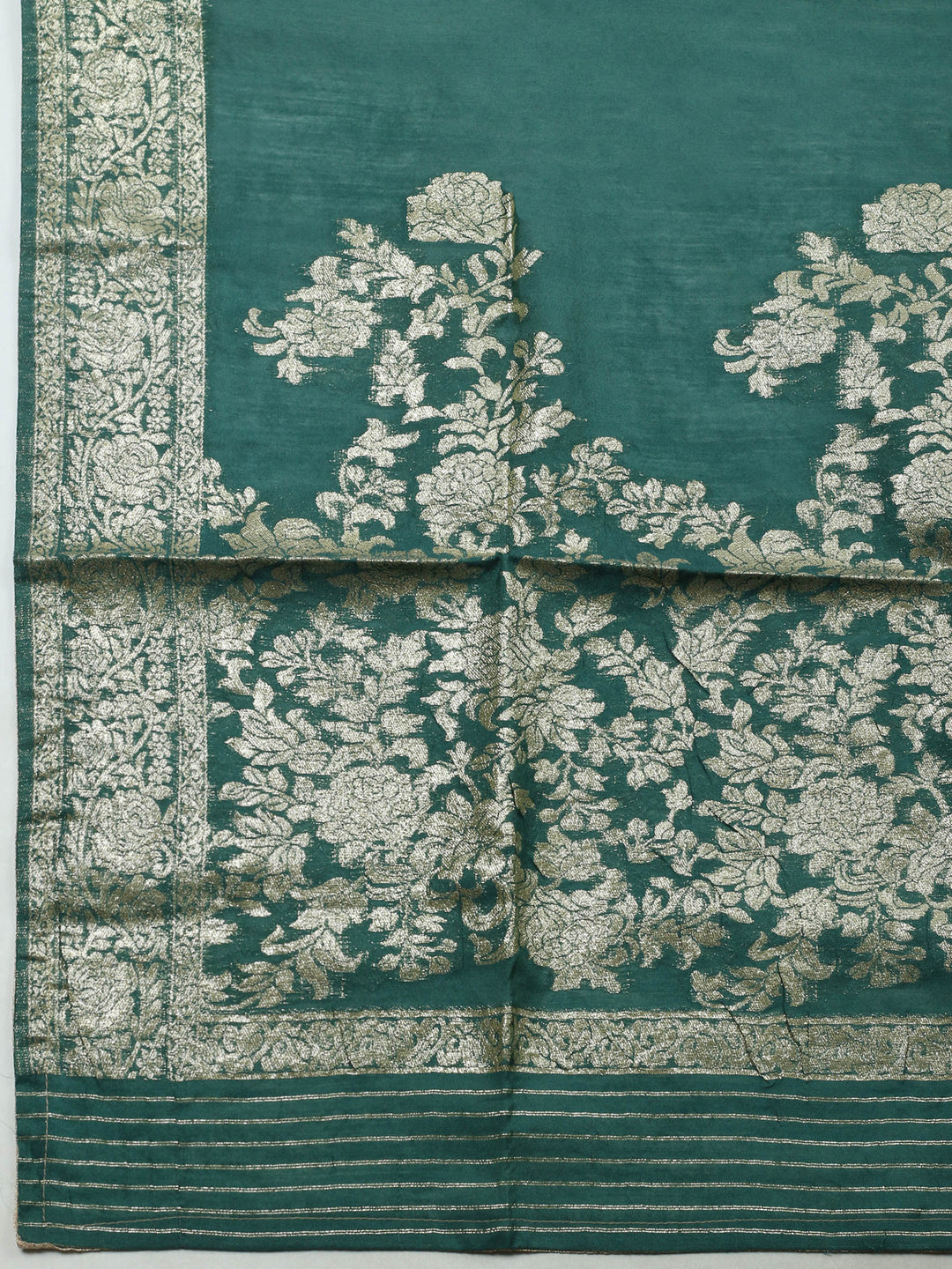 Green Embroidered Cotton Blend Unstitched Suit &amp; Pant With Banarsi Dupatta