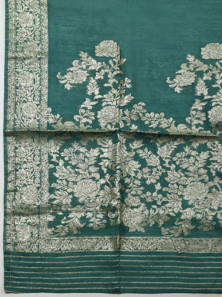 Green Embroidered Cotton Blend Unstitched Suit &amp; Pant With Banarsi Dupatta