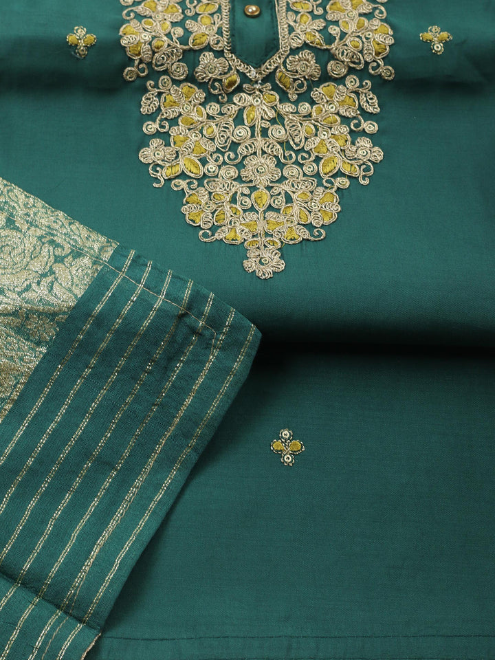 Green Embroidered Cotton Blend Unstitched Suit &amp; Pant With Banarsi Dupatta