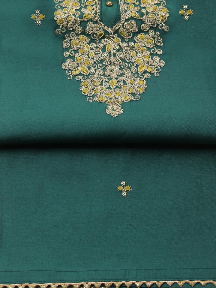 Green Embroidered Cotton Blend Unstitched Suit &amp; Pant With Banarsi Dupatta