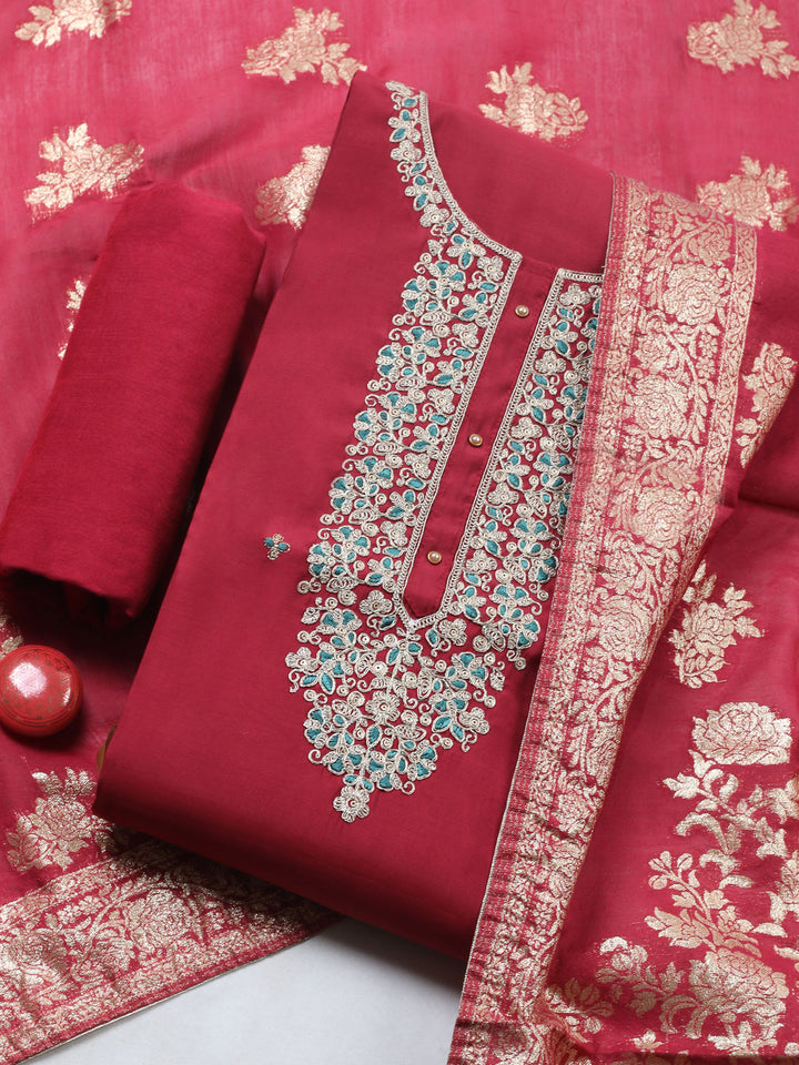 Maroon Embroidered Cotton Blend Unstitched Suit &amp; Pant With Banarsi Dupatta