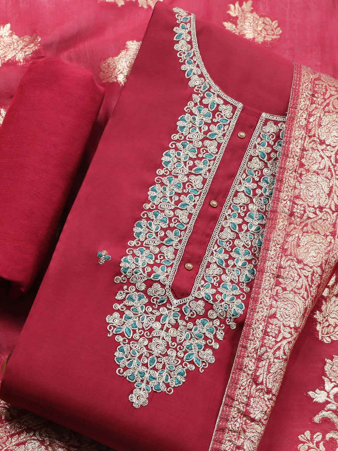 Maroon Embroidered Cotton Blend Unstitched Suit &amp; Pant With Banarsi Dupatta