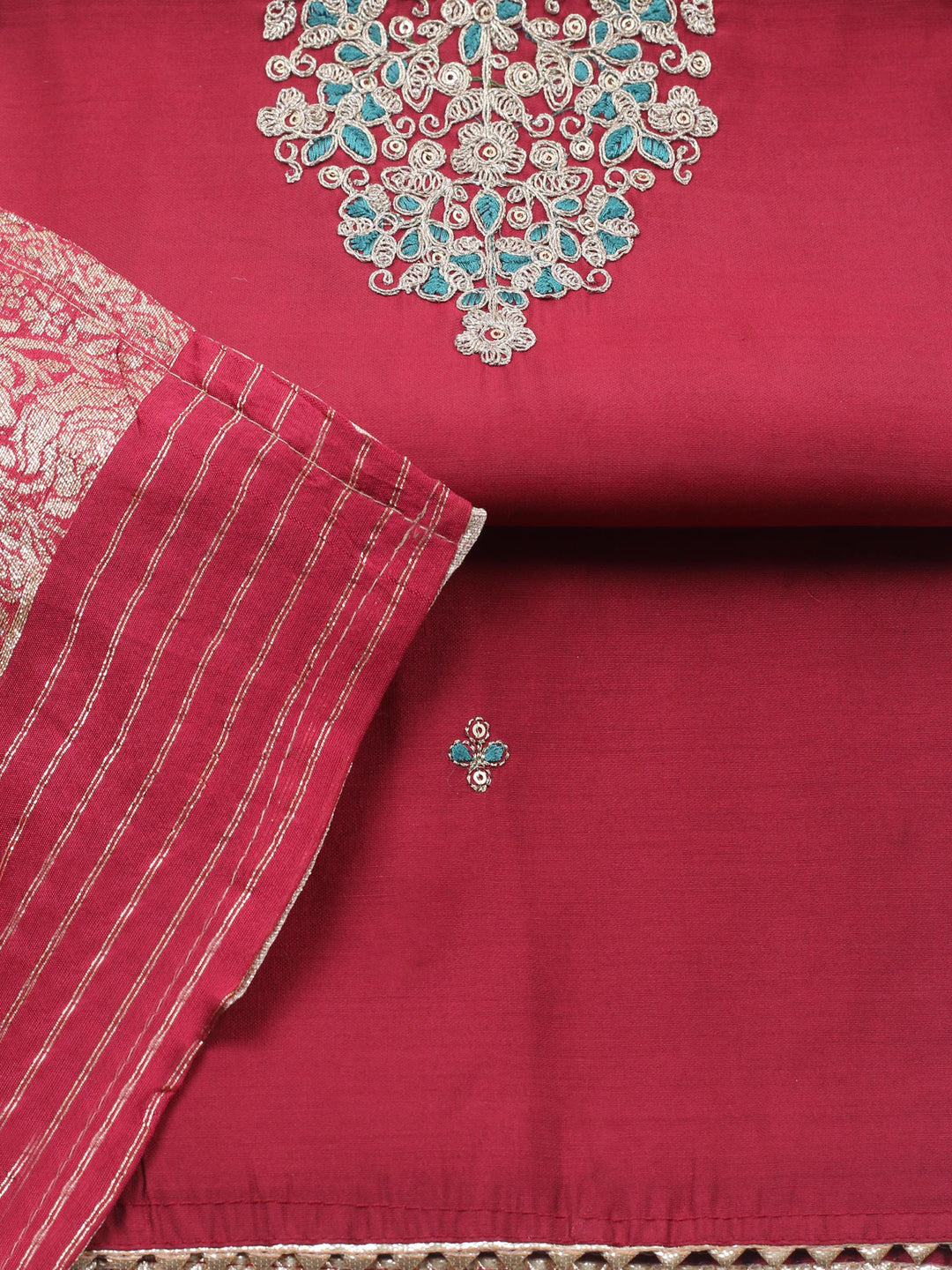 Maroon Embroidered Cotton Blend Unstitched Suit &amp; Pant With Banarsi Dupatta