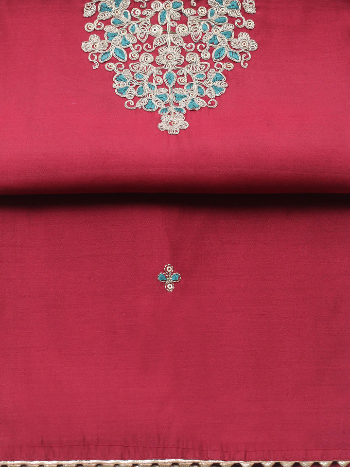 Maroon Embroidered Cotton Blend Unstitched Suit &amp; Pant With Banarsi Dupatta