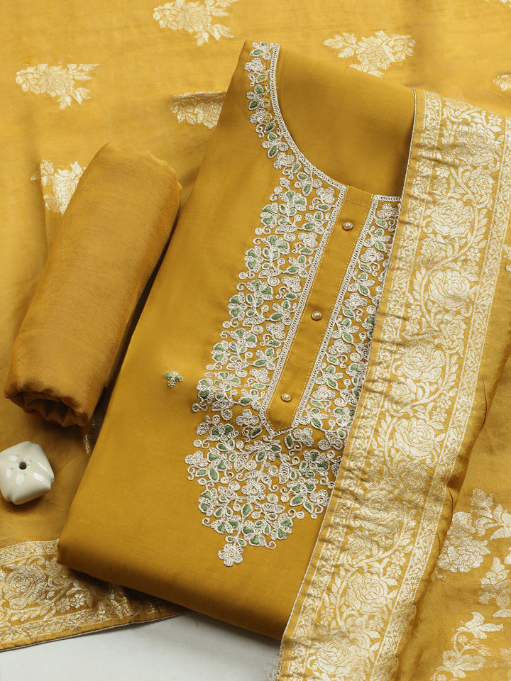 Mustard Embroidered Cotton Blend Unstitched Suit &amp; Pant With Banarsi Dupatta