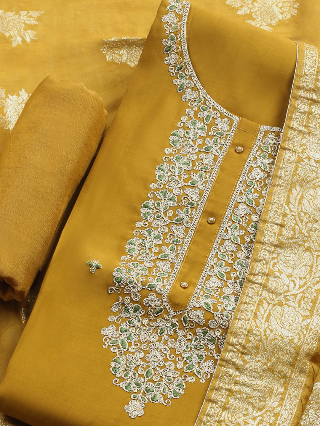 Mustard Embroidered Cotton Blend Unstitched Suit &amp; Pant With Banarsi Dupatta