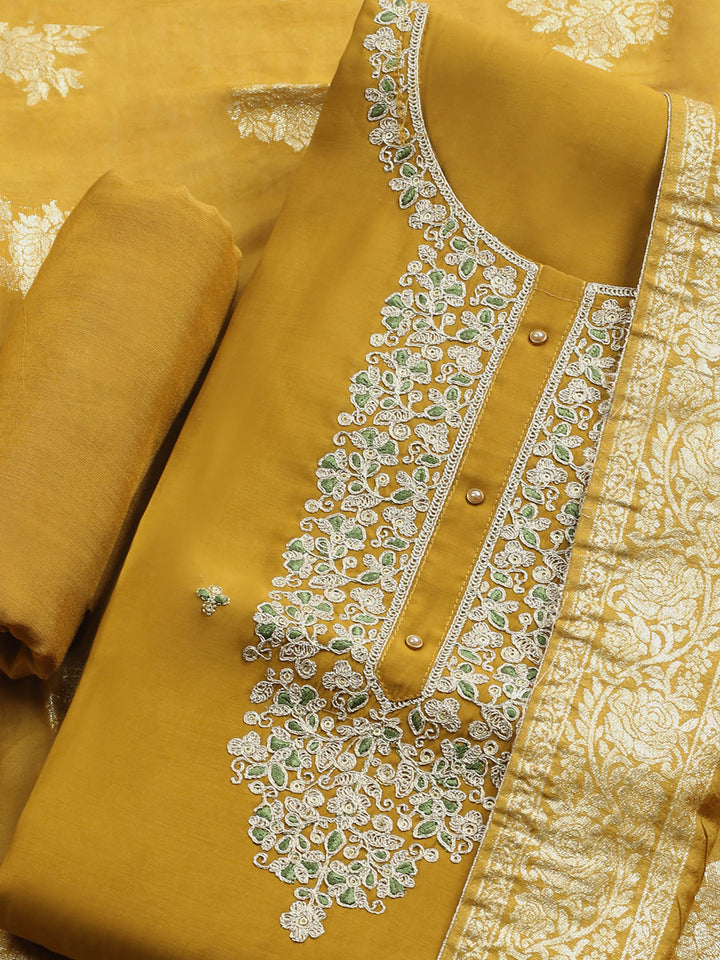 Mustard Embroidered Cotton Blend Unstitched Suit &amp; Pant With Banarsi Dupatta