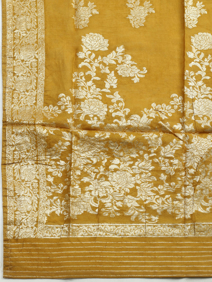 Mustard Embroidered Cotton Blend Unstitched Suit &amp; Pant With Banarsi Dupatta