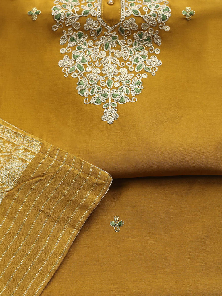 Mustard Embroidered Cotton Blend Unstitched Suit &amp; Pant With Banarsi Dupatta