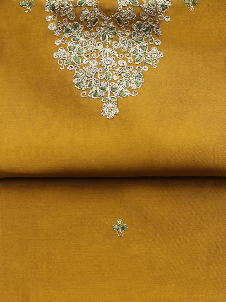 Mustard Embroidered Cotton Blend Unstitched Suit &amp; Pant With Banarsi Dupatta
