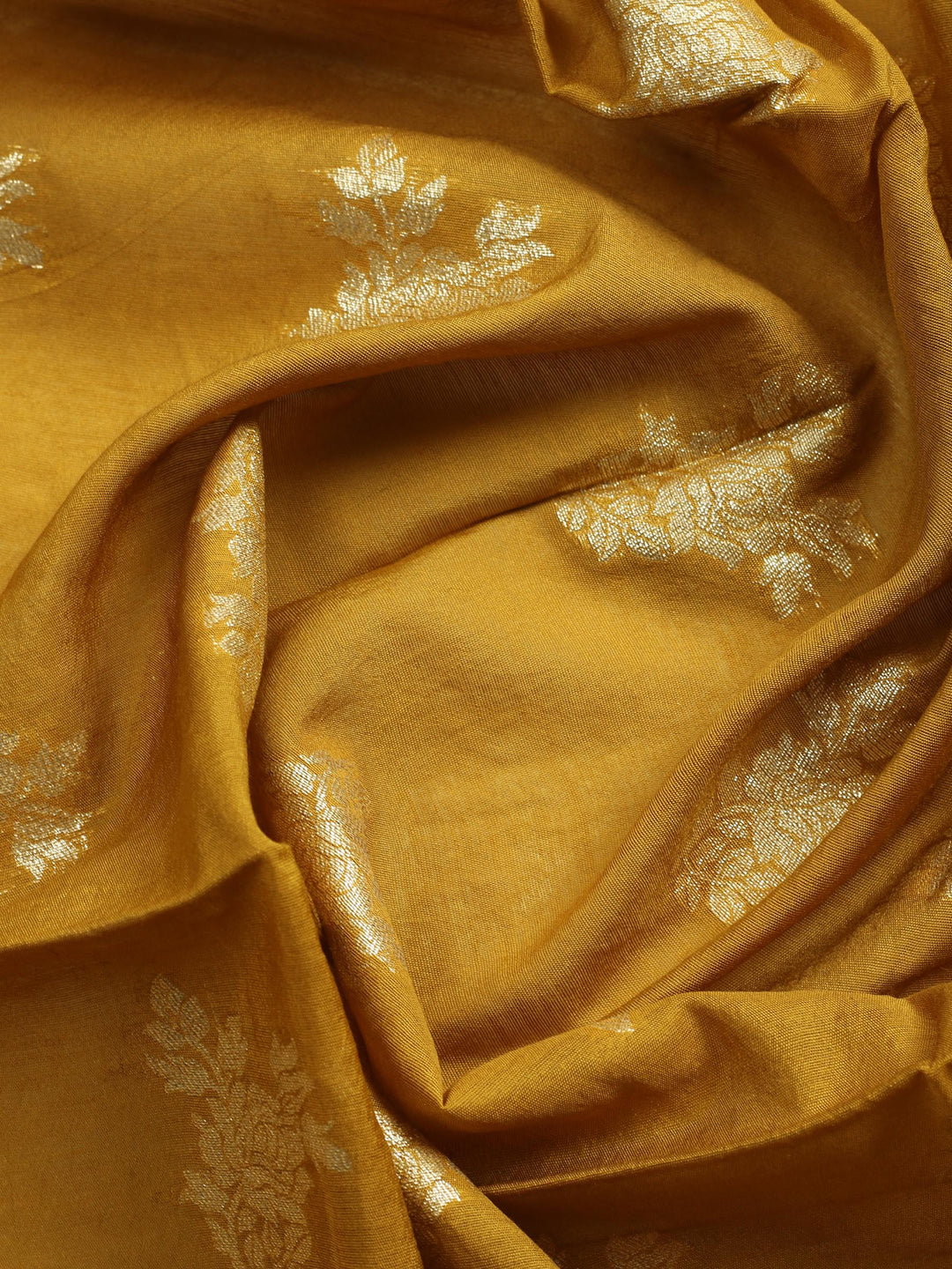 Mustard Embroidered Cotton Blend Unstitched Suit &amp; Pant With Banarsi Dupatta
