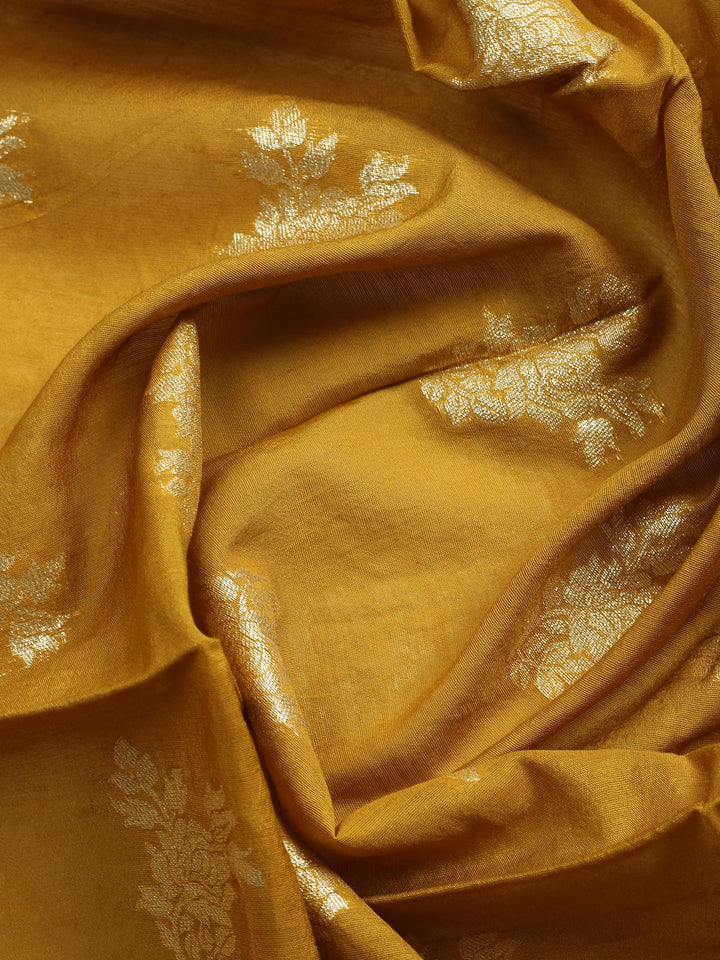Mustard Embroidered Cotton Blend Unstitched Suit &amp; Pant With Banarsi Dupatta