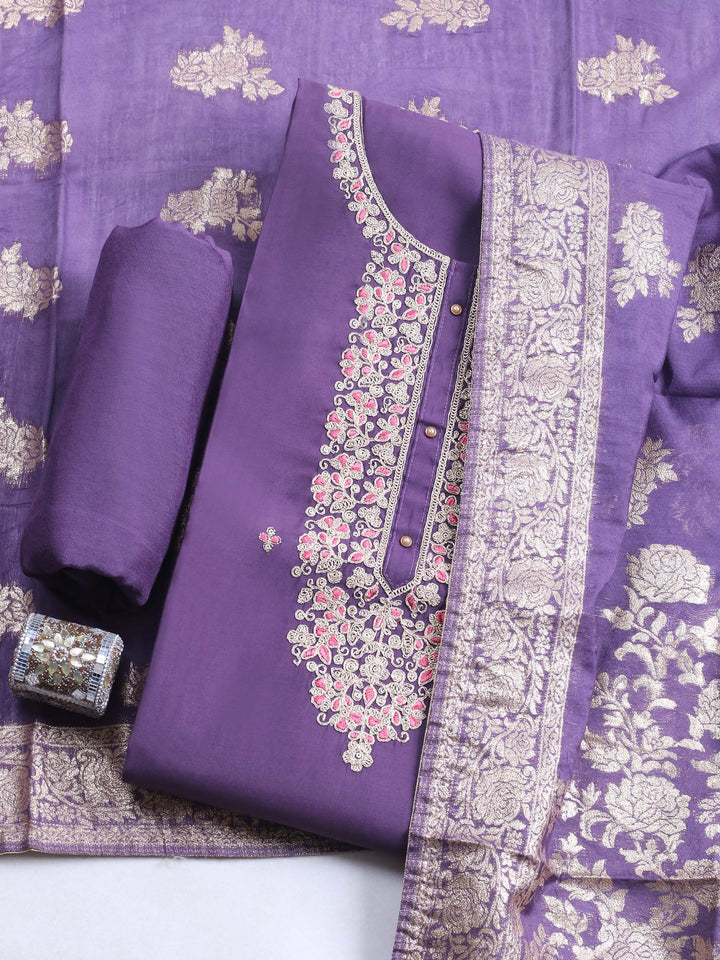 Purple Embroidered Cotton Blend Unstitched Suit &amp; Pant With Banarsi Dupatta
