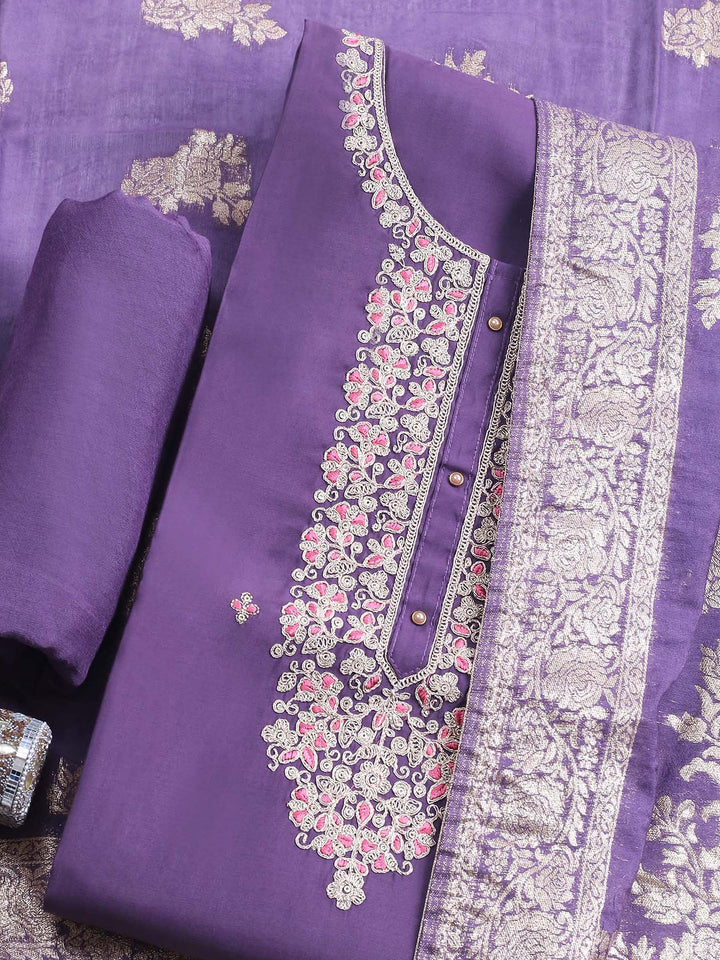 Purple Embroidered Cotton Blend Unstitched Suit &amp; Pant With Banarsi Dupatta