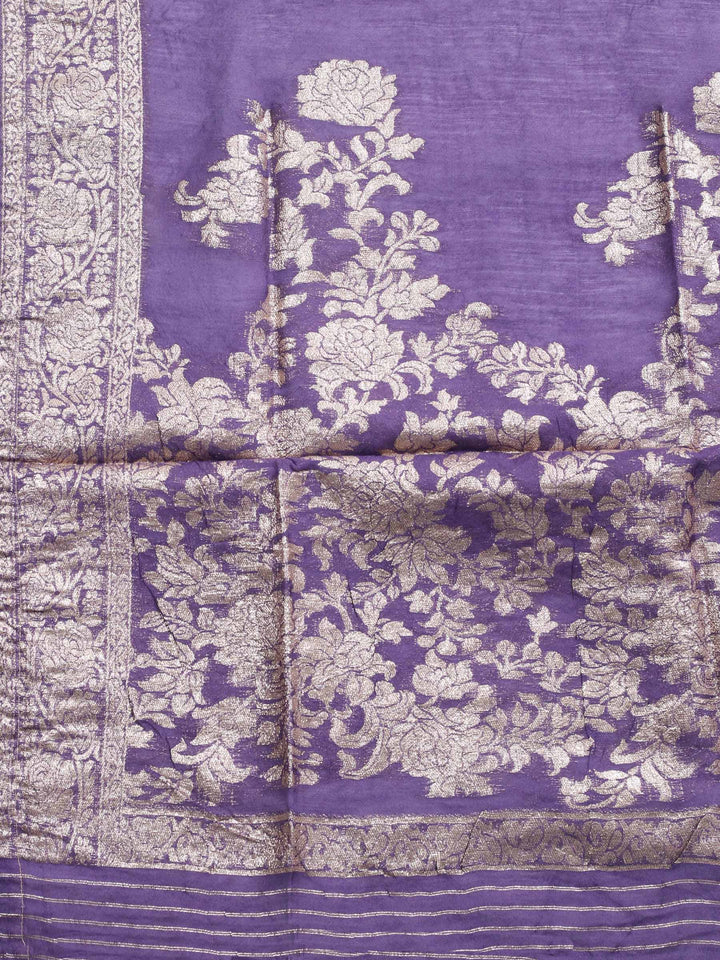Purple Embroidered Cotton Blend Unstitched Suit &amp; Pant With Banarsi Dupatta
