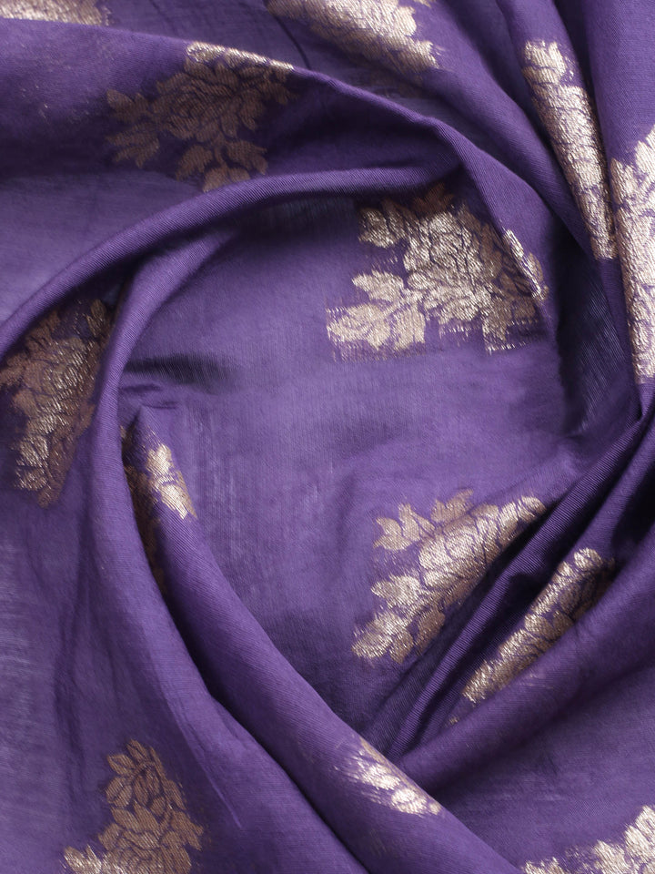 Purple Embroidered Cotton Blend Unstitched Suit &amp; Pant With Banarsi Dupatta