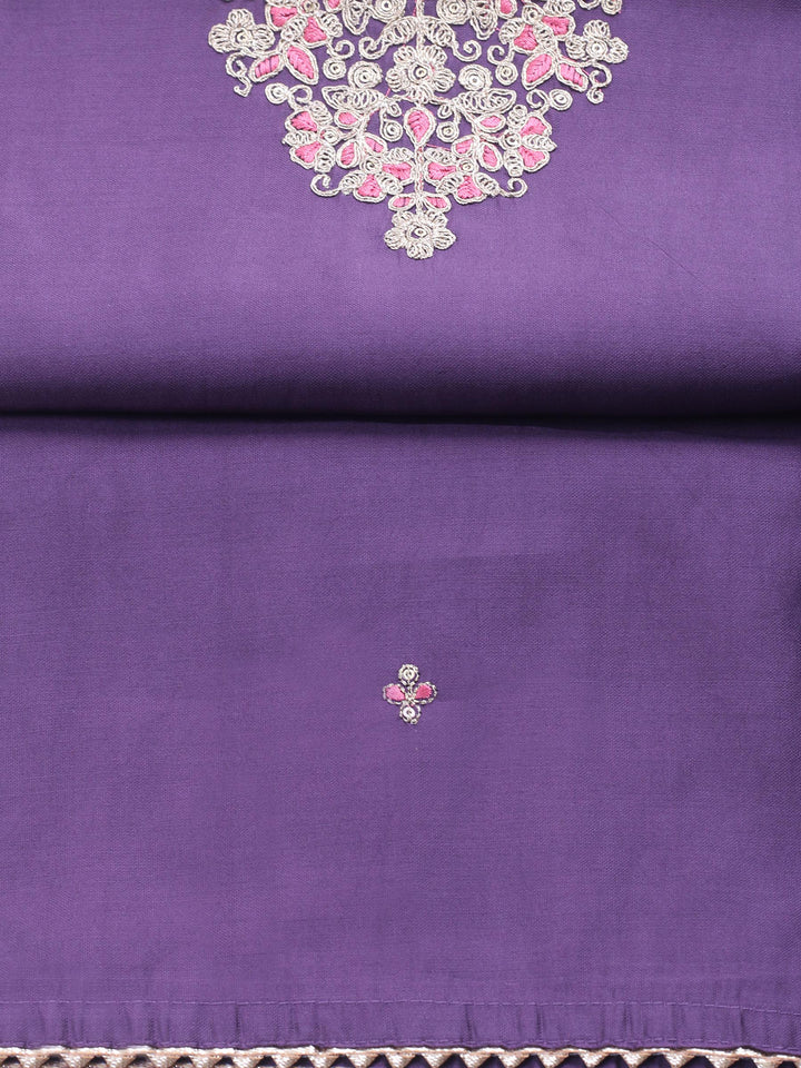 Purple Embroidered Cotton Blend Unstitched Suit &amp; Pant With Banarsi Dupatta