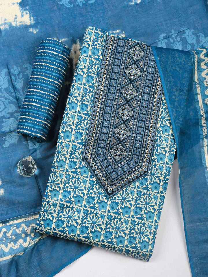 Blue Printed Cotton Blend Unstitched Dress Material