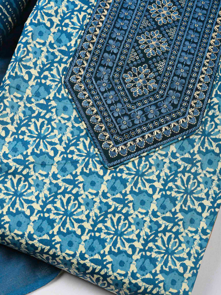 Blue Printed Cotton Blend Unstitched Dress Material