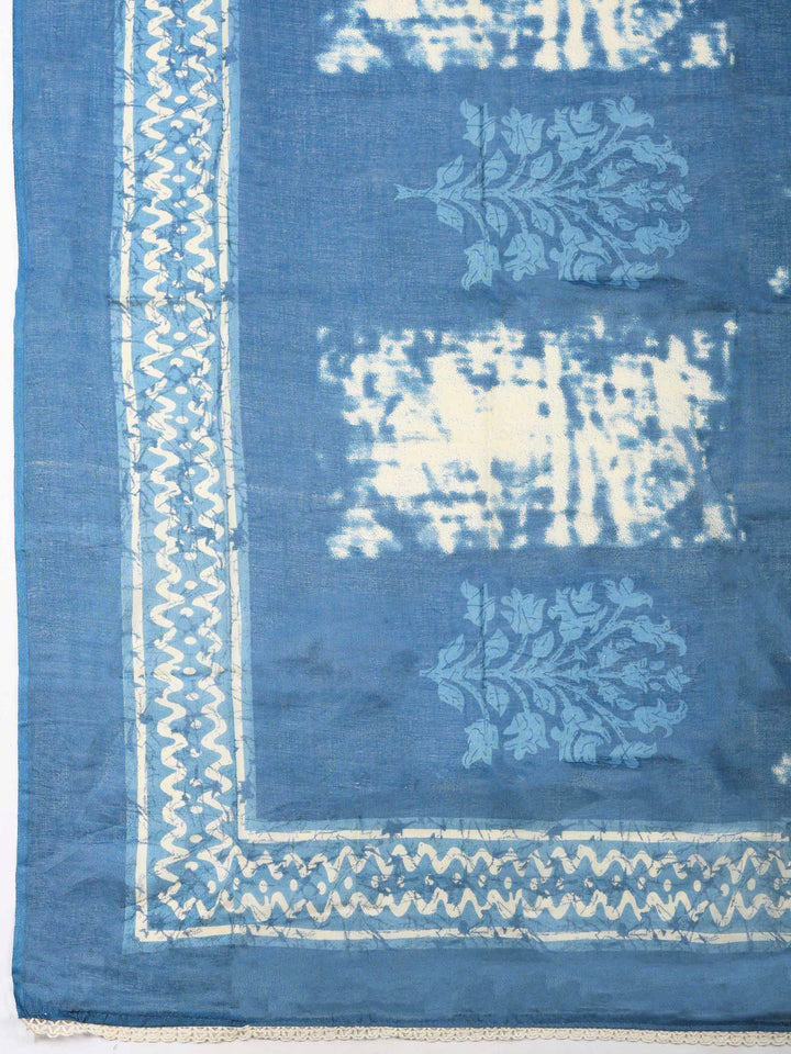 Blue Printed Cotton Blend Unstitched Dress Material