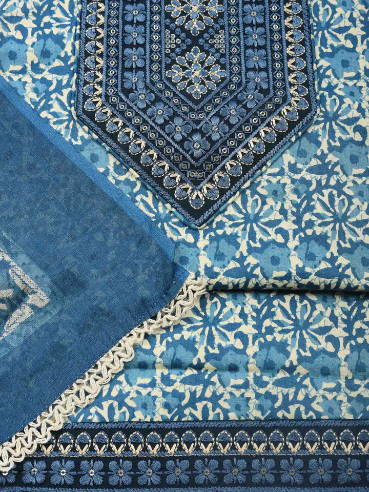 Blue Printed Cotton Blend Unstitched Dress Material