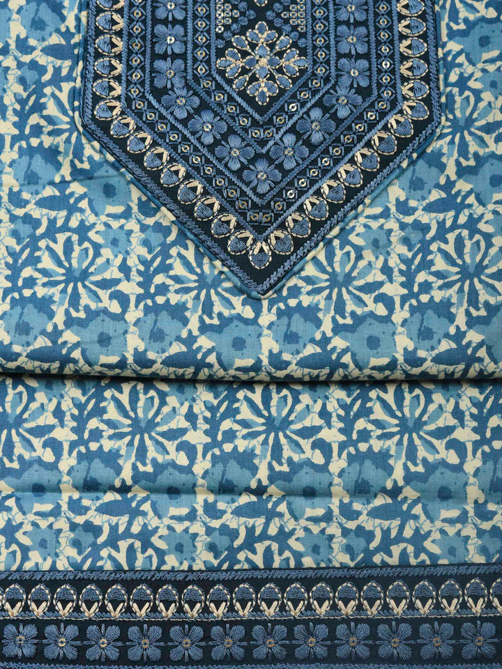 Blue Printed Cotton Blend Unstitched Dress Material