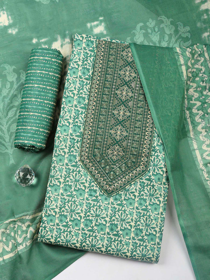 Green Printed Cotton Blend Unstitched Dress Material