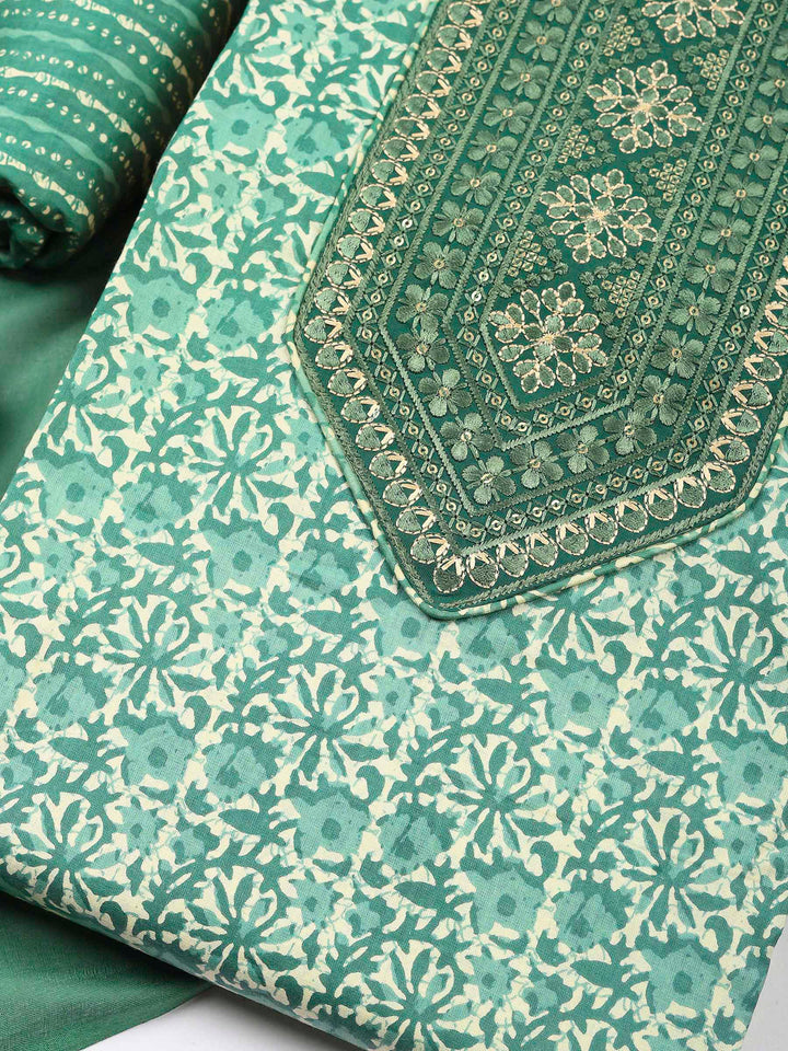 Green Printed Cotton Blend Unstitched Dress Material