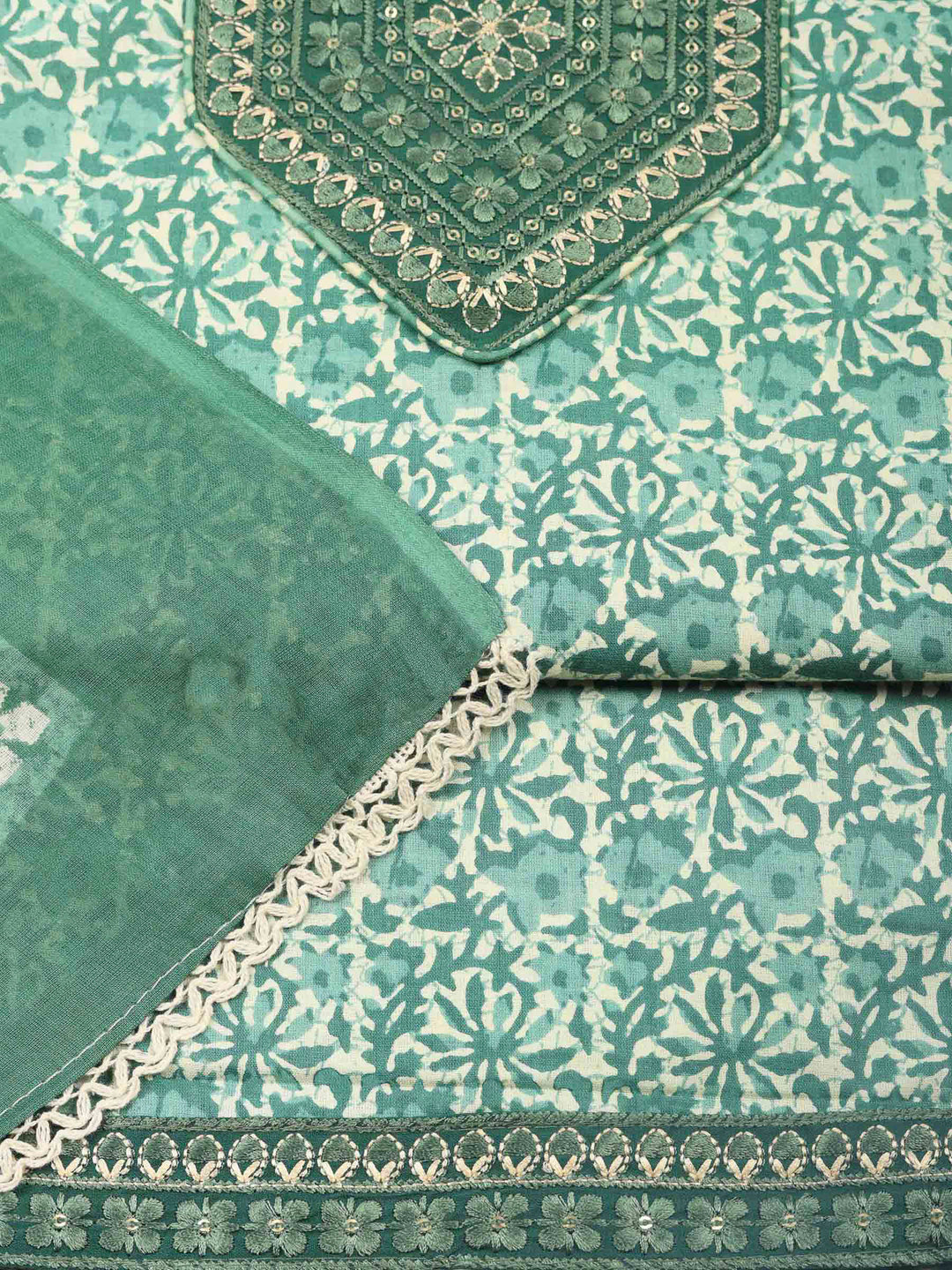 Green Printed Cotton Blend Unstitched Dress Material