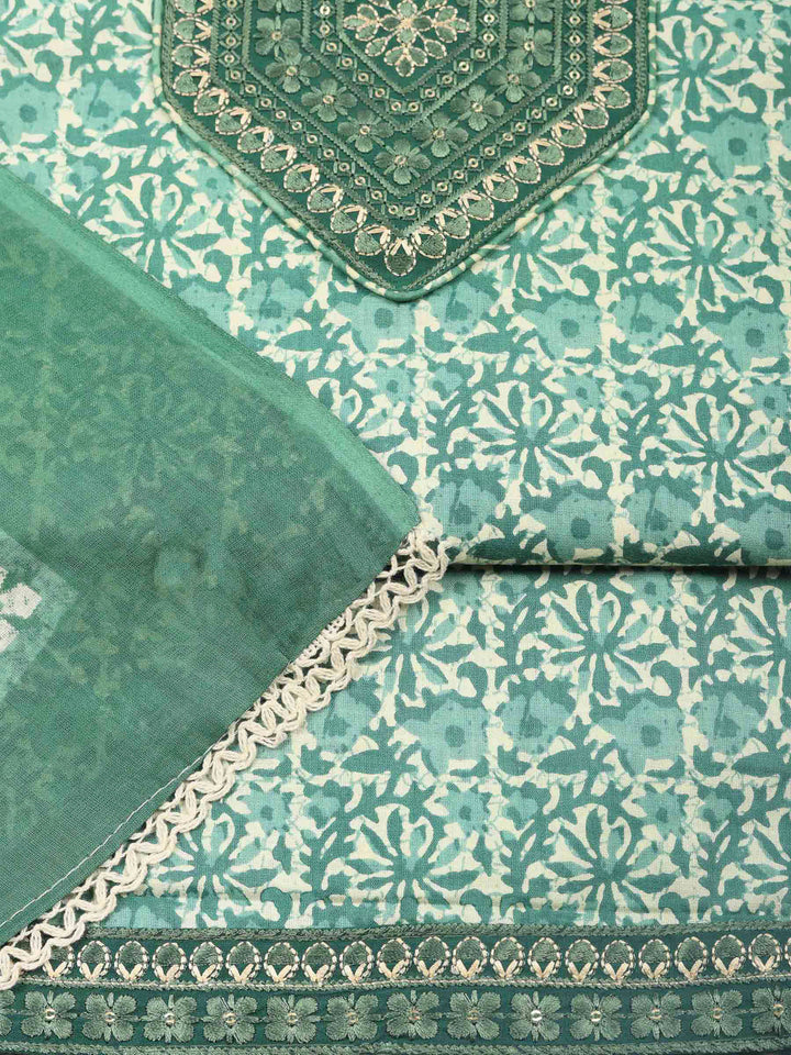 Green Printed Cotton Blend Unstitched Dress Material