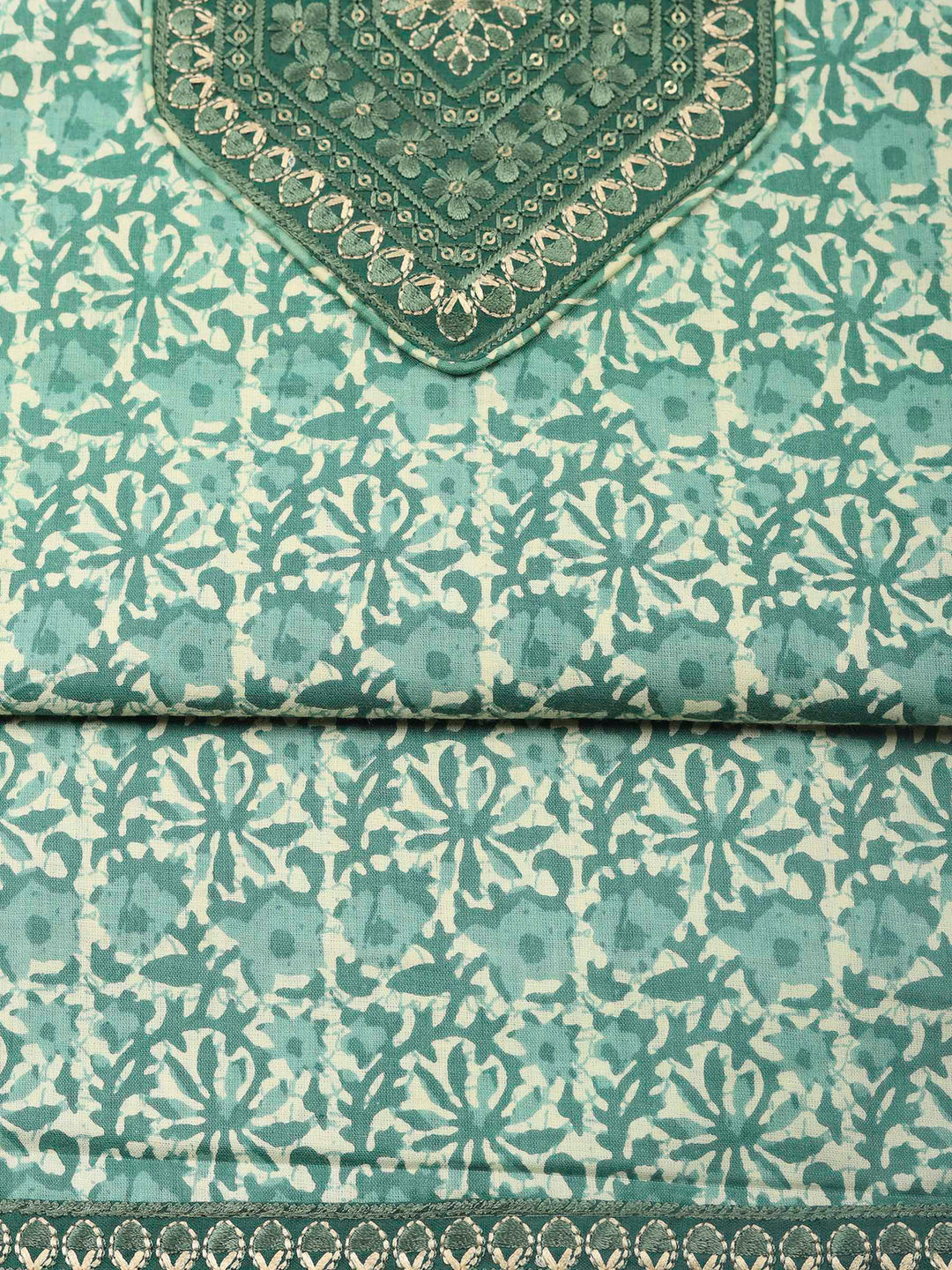 Green Printed Cotton Blend Unstitched Dress Material