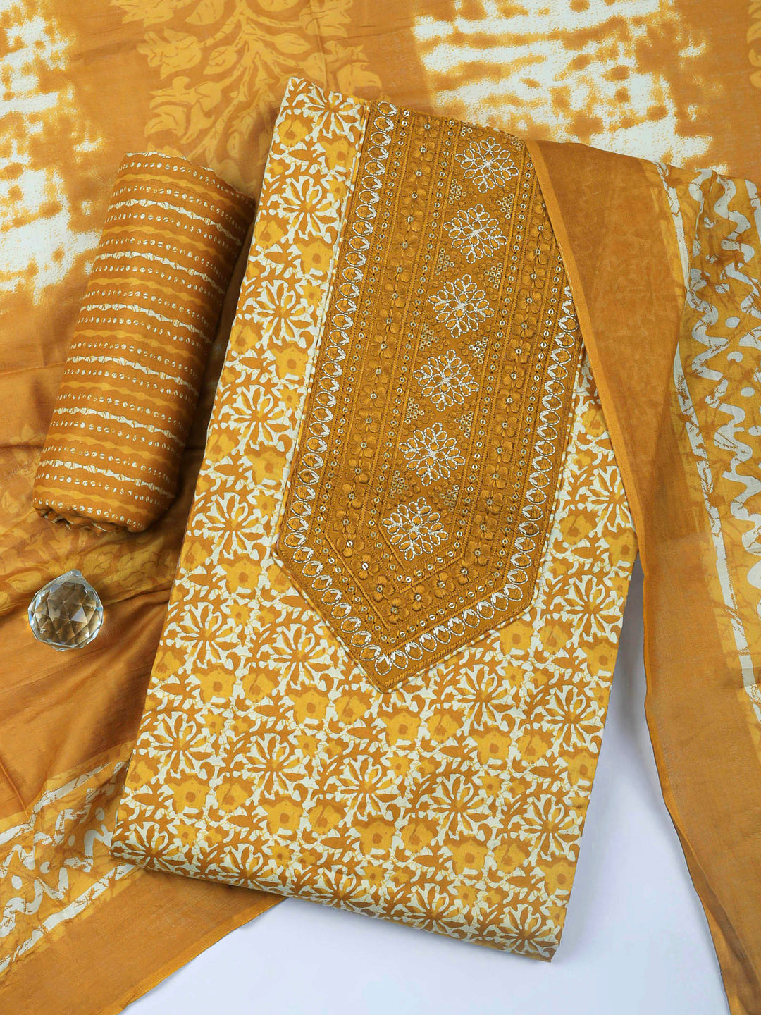 Mustard Printed Cotton Blend Unstitched Dress Material