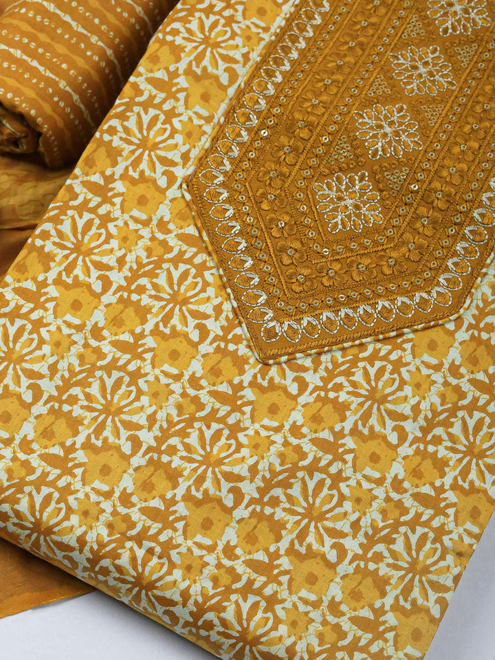 Mustard Printed Cotton Blend Unstitched Dress Material