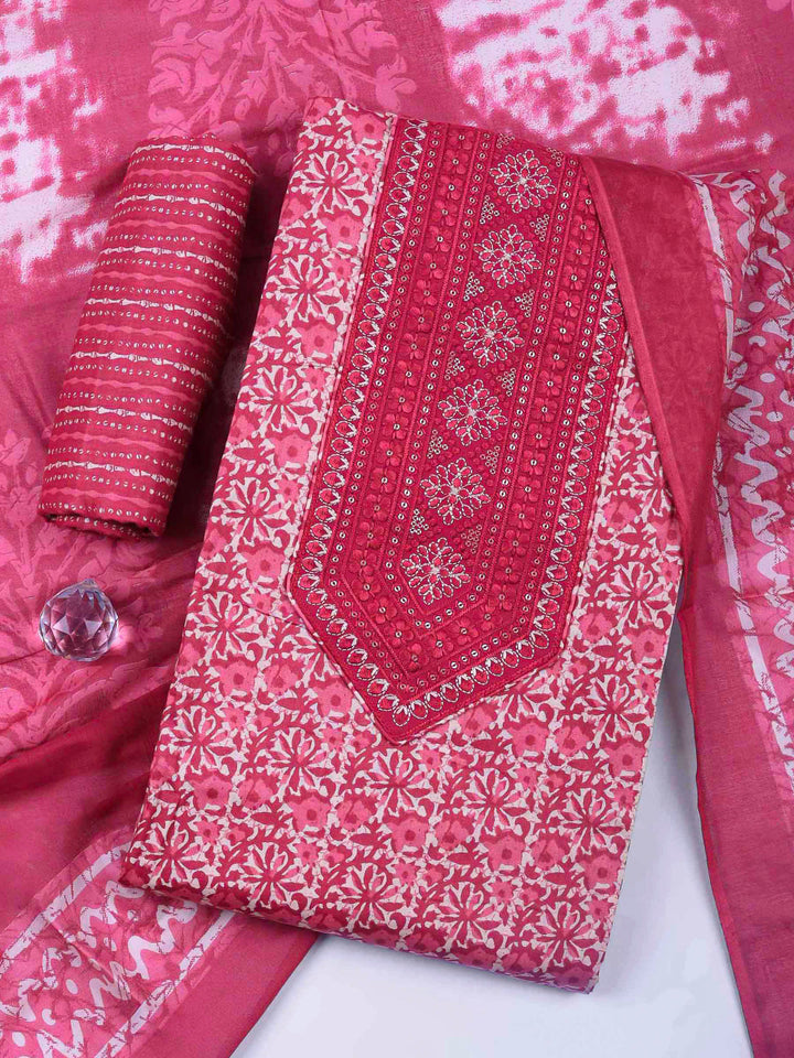 Pink Printed Cotton Blend Unstitched Dress Material