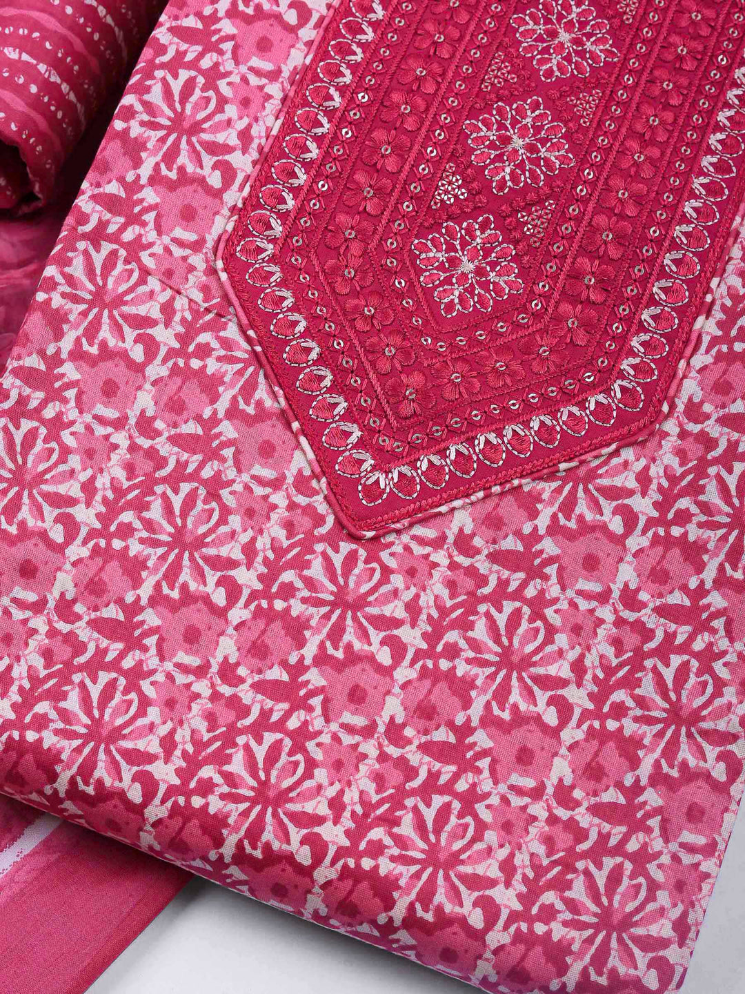 Pink Printed Cotton Blend Unstitched Dress Material