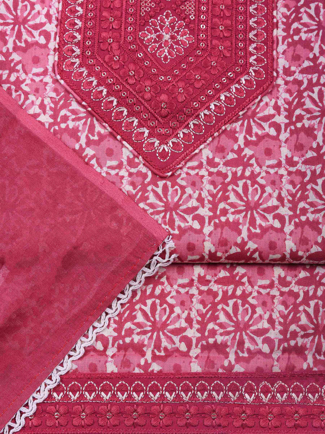 Pink Printed Cotton Blend Unstitched Dress Material