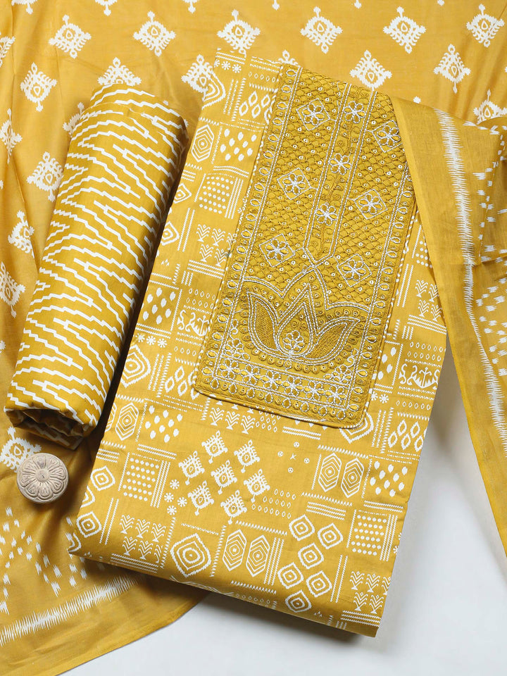 Mustard Printed Cotton Blend Unstitched Dress Material