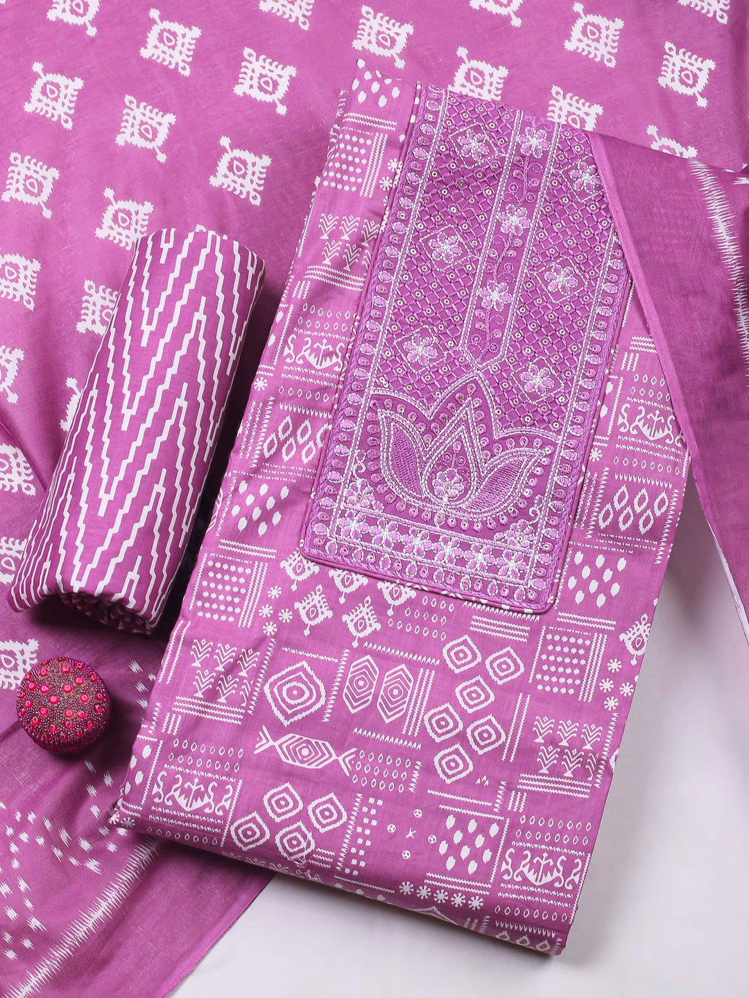 Onion Pink Printed Cotton Blend Unstitched Dress Material