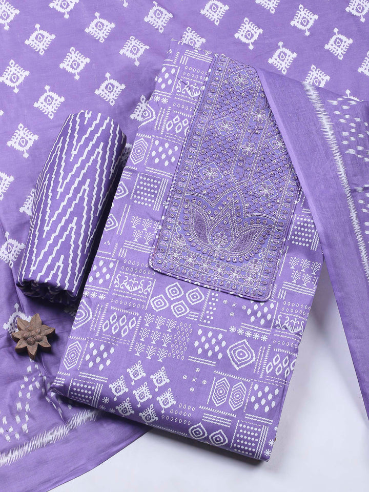 Purple Printed Cotton Blend Unstitched Dress Material