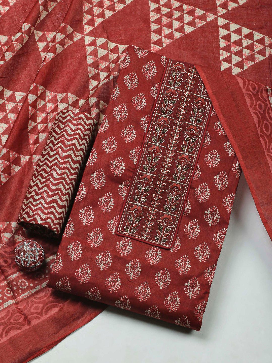 Maroon Printed Cotton Blend Unstitched Dress Material